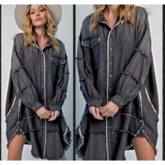 EASEL EXTRA Oversized Shirt Dress-Distressed Unique Statement Sleeves Grey Small - Picture 1 of 13